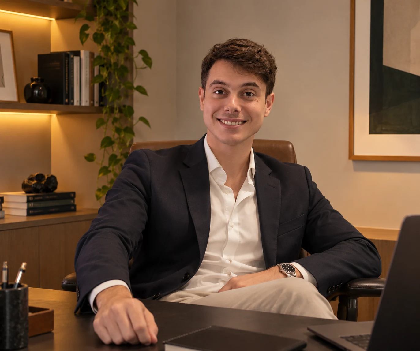 Caio Fentanes, de blazer escuro e camisa branca, em retrato profissional
